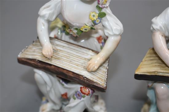 An 18th century Meissen figure of a girl playing a zither and a 19th century Meissen figure of a girl playing a zither, 12cm and 12.4cm